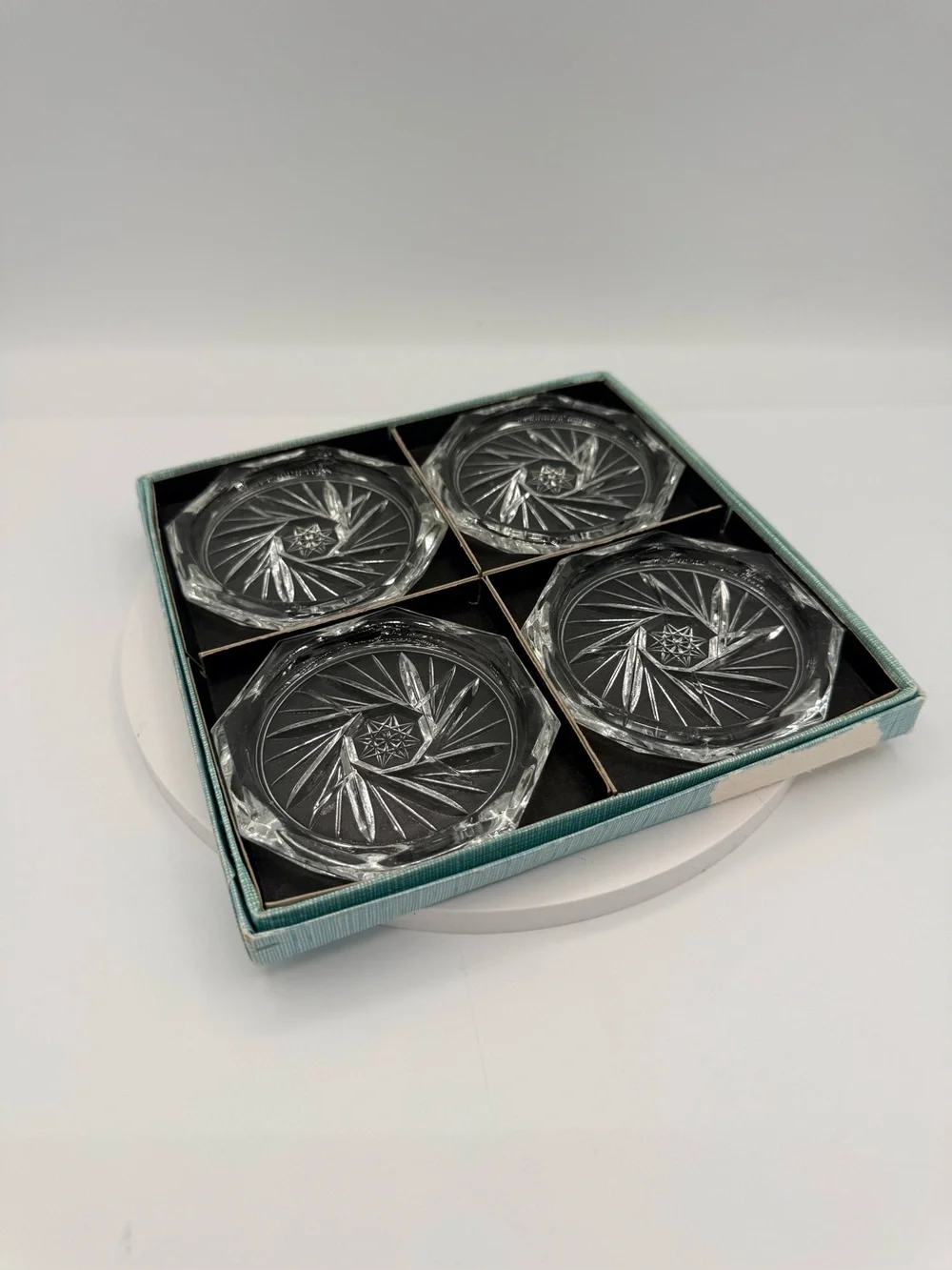 Vintage Bohemia Crystal Coasters Set of 4 Star Pinwheel Czechoslovakia In Box